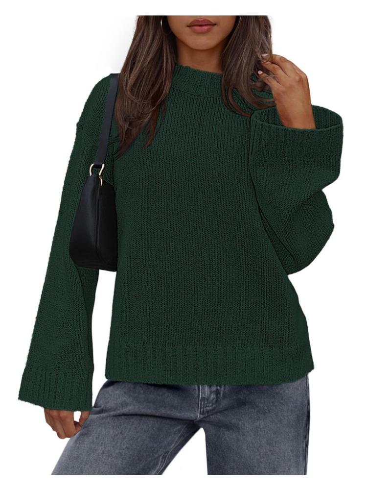 Podzim Zima Ležérní Kulatý Výstřih Volný Jednobarevný Svetr s Dlouhým Zvonovým Rukávem Pletený pro Ženy Luxusní Top Uvolněného Střihu Zeštíhlující a Všestranný