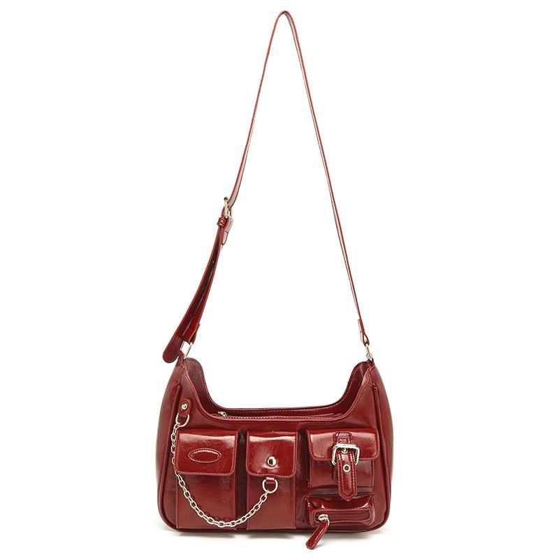 Niche Vintage Hong Kong-Style Patent Leather Motorcycle Shoulder Bag for Millennial Hot Girls