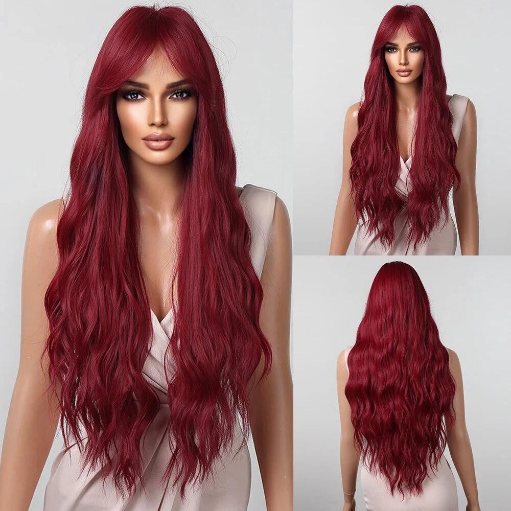 Long Water Wave Synthetic Wigs with Bangs Natural Ginger Brown Loose Curly Wavy Wig for Black White Women Heat Resistant Daily