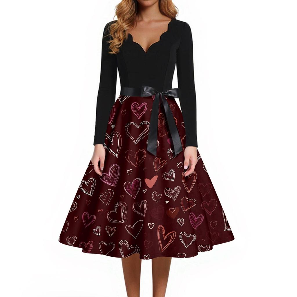 Print Flare Dress For Women Long Sleeve Dress Hollow Party Casual Dresses