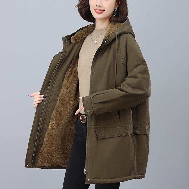 2024 Women's Plus Size Velvet Parka: Mid-Length, Loose Fit, Thickened Hooded Winter Coat for Middle-Aged Moms