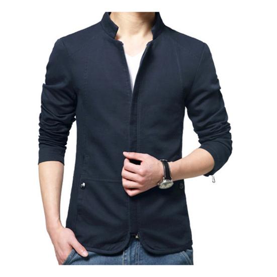 Casaco Blazer Casual Masculino Outono Cor Sólida Gola Alta Bolsos com Zíper Fino Slim