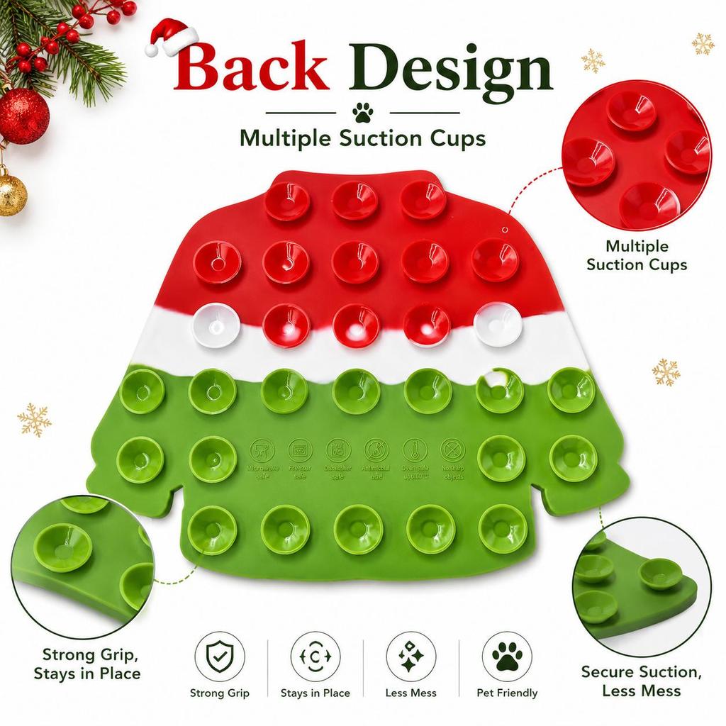 Christmas Ugly Sweater Silicone Lick Mat Strong Suction Cup Anti-Anxiety Slow Feeder Pad for Dogs Cats BPA Free