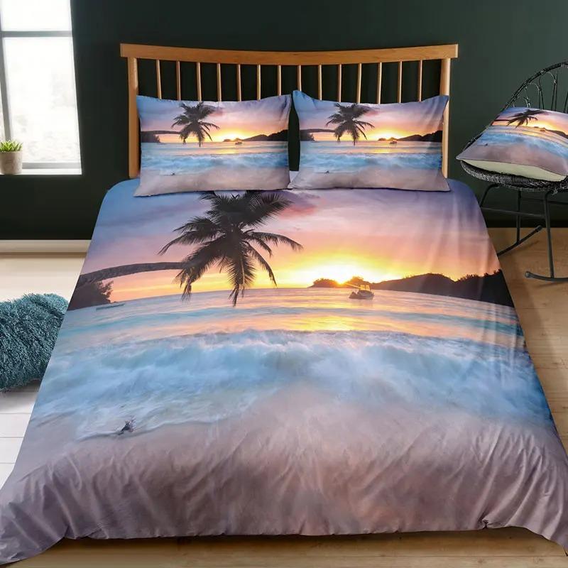 2/3-piece Modern Nature Bedding Set 3D Digital Printing Beach Coconut Grove Summer Bedroom Quilt Cover Pillowcase Bedding Kit 135x200cm