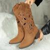 Fashion Casual Hollow Out Mid Calf Western Cowboy Boots Women 2025 Pointed Toe Medium Heel Riding Boots Fashion Music Festival Shoes
