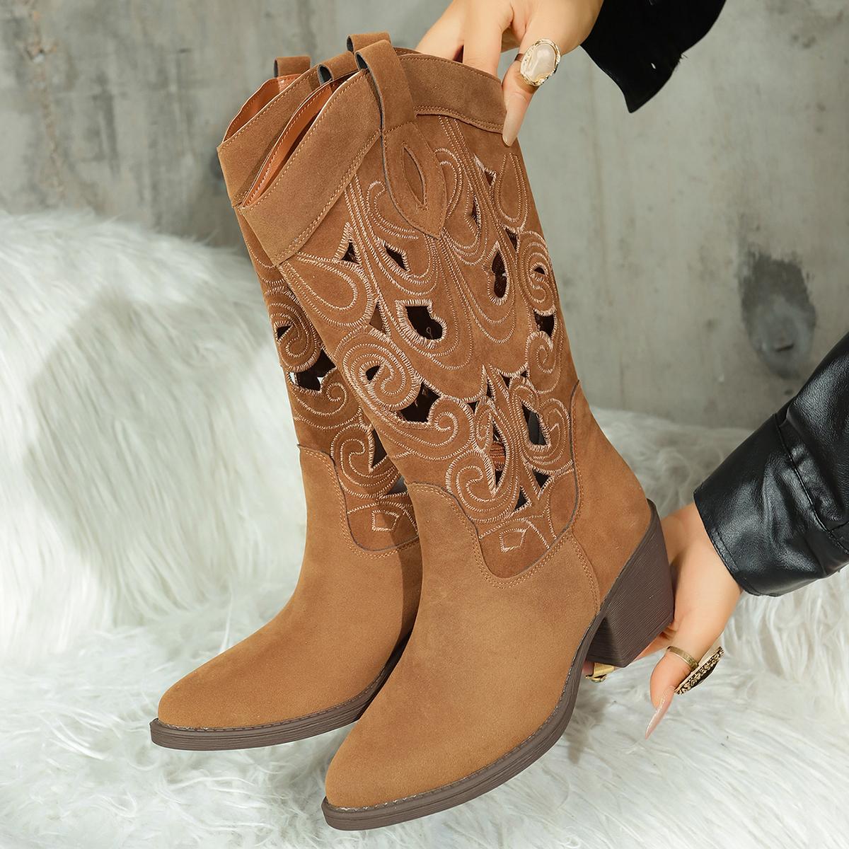 

Fashion Casual Hollow Out Mid Calf Western Cowboy Boots Women 2025 Pointed Toe Medium Heel Riding Boots Fashion Music Festival Shoes 36