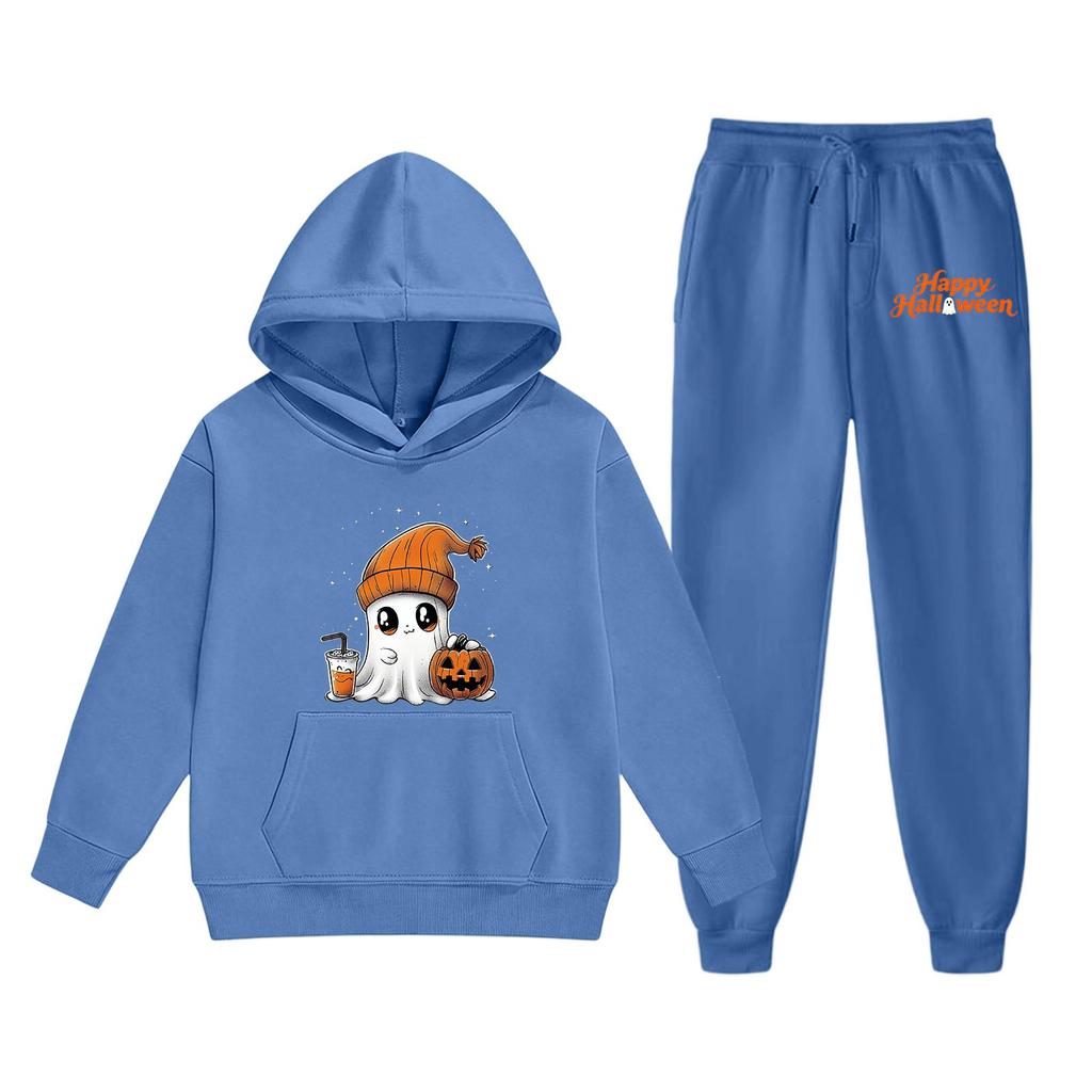 Kids Halloween Hoodie Set Long Sleeve Pullover Top and Pants with Ghost Pumpkin Print Comfortable Fit for Boys and Girls