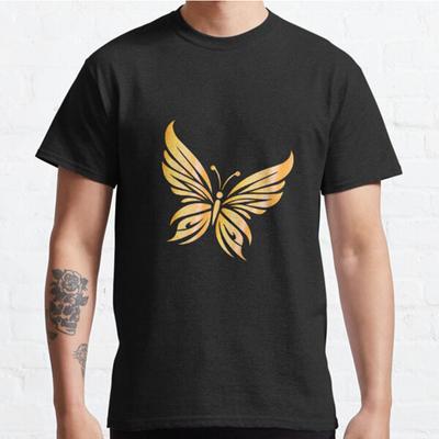 Men Fashion Casual Short Sleeves Golden Buterrfly Black Tees Oversized T-shirts