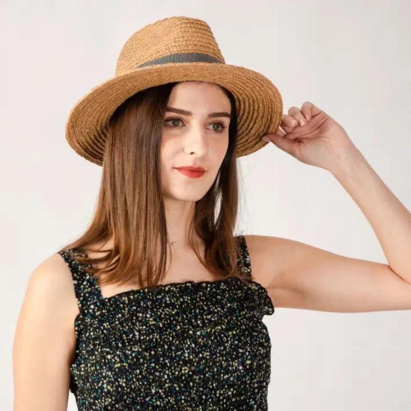 100% Natürliche Raffia-Sonnenhüte Große Größe 63cm Strohhut für Damen Herren Breiter Rand Sommer-Jazzhut UPF50+ Reise-Panama-Strandhut
