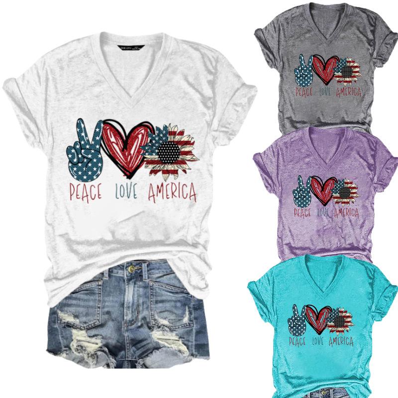 

2023 Summer Women s Loose Printed T-shirt V-neck Casual Short-sleeved T-shirt