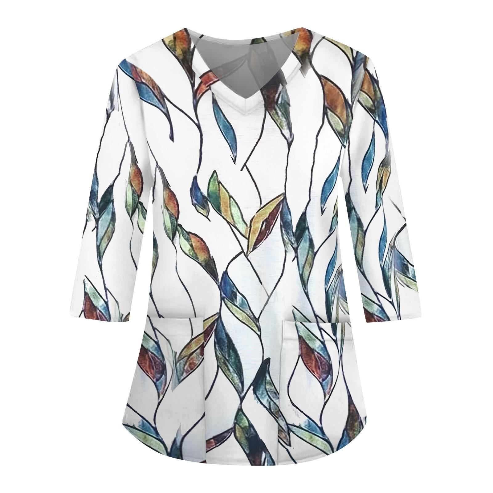 

Женская свободная рабочая одежда с V-образным вырезом и карманами с геометрическим принтом и рукавами три четверти XXXL