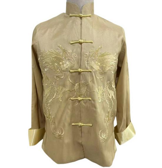 Men's Bright Red Embroidered Dragon Tang Suit Jacket - Long Sleeve, Stand Collar, Double Layer, Open Front Retro Design for New Year Performance.