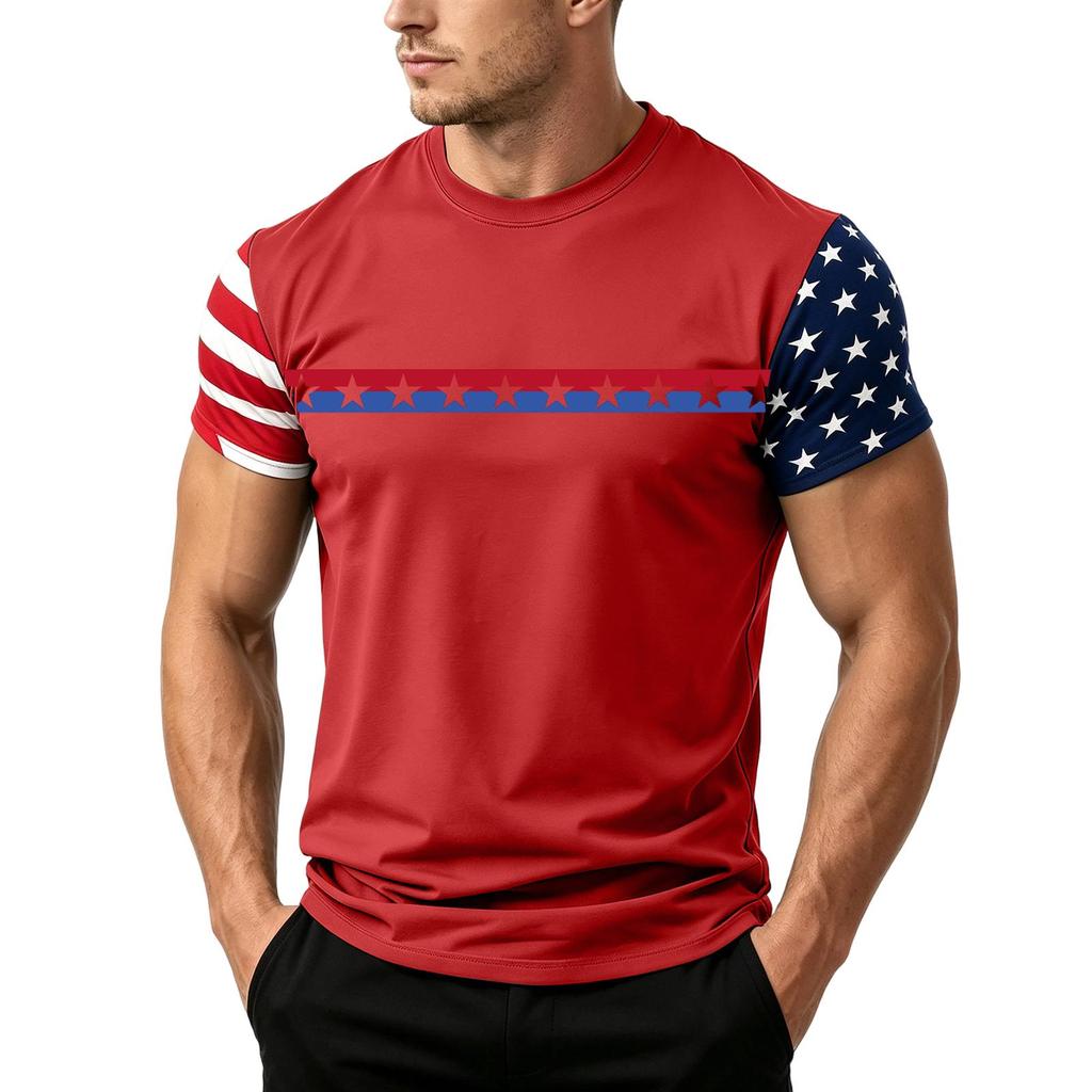 Men's Casual Short Sleeve T Shirt Loose Fit Crew Neck Lightweight Summer Daily Wear Tee with Flag Pattern Sleeve Design