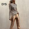 Women Tops Round Neck Long Sleeve Pullover Tops Shiny Sequins Decoration Regular Fit Blouse Daily Wear