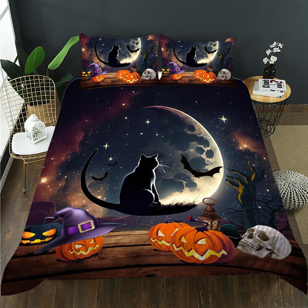 Cartoon Black Cat Duvet Cover Set Queen Size Cute Kawaii Kids Girls Comforter Cover Set Animals Quilt Covers With 2 Pillowcases
