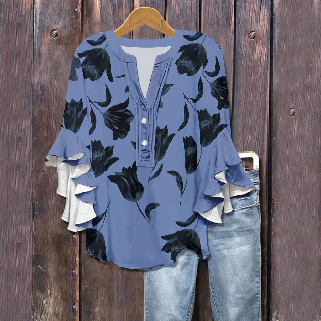 Women's Summer Tops V Neck Three-quarter Sleeves Floral Print Flowing Ruffle Sleeves Half-button Shirt