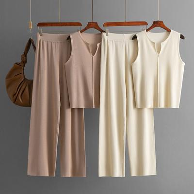 Sommer neues einfaches ärmelloses Stricktop Modeanzug lässige Weitbein Hose zweiteiliges Set Damen