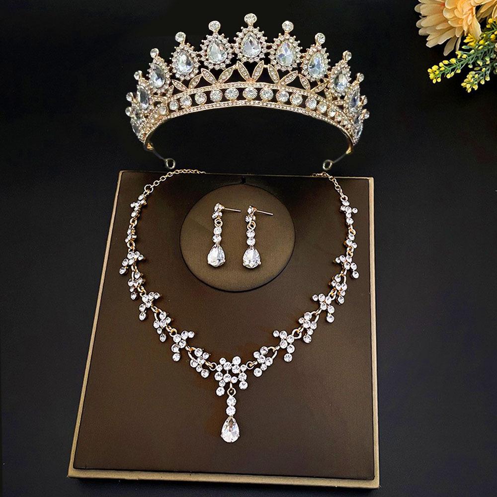 New Bridal Crown Three Piece Suit Wedding Crown Tiara Necklace Earrings Korean Super Fairy Wedding Dress Accessories
