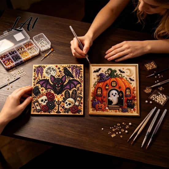 Halloween Craft Supplies Faux Pearl Painting Kit DIY Witchcraft Art 3D Seasonal Bead Wall Kit for Adults Beginners Handmade Holiday Decor Shiny