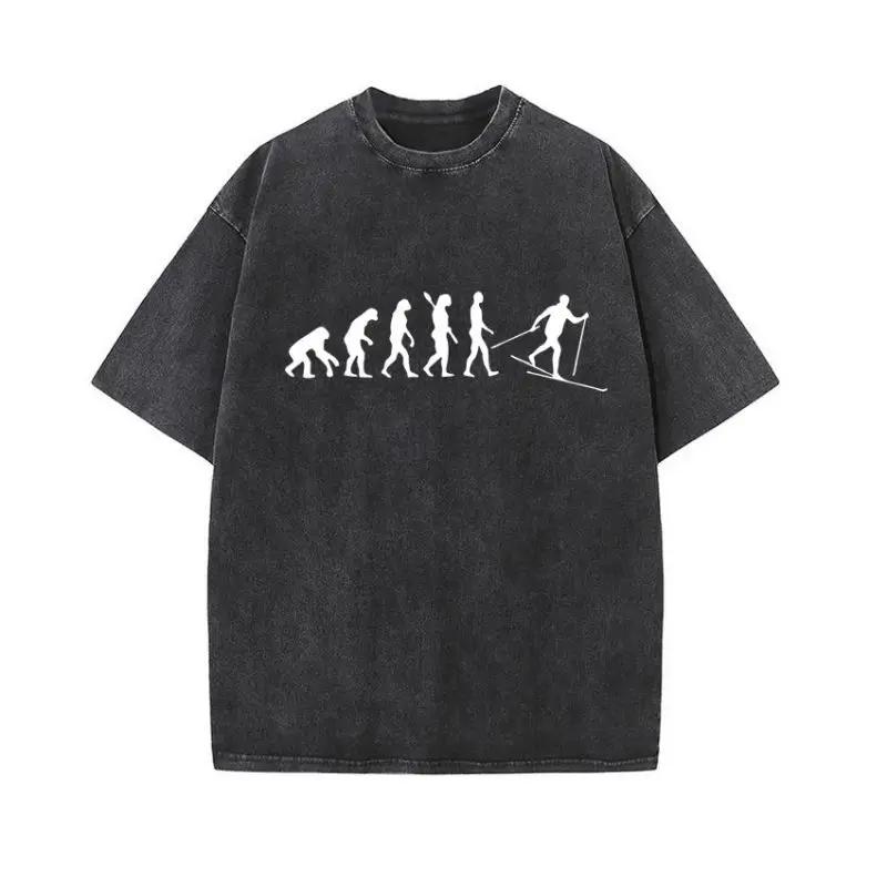 European and American Washed Retro Funny Fish Bone Cartoon Mechanical Printing Hip Hop Short Sleeve Loose T-shirt Top