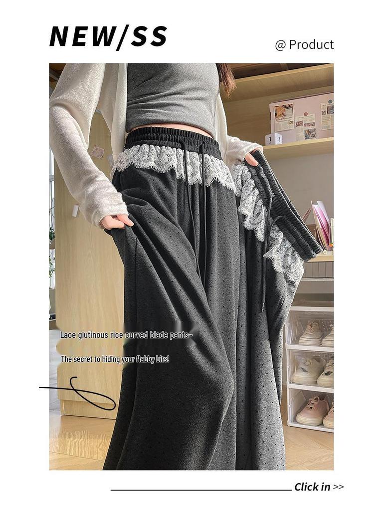 Gray Lace Polka Dot Scimitar Pants: Women's High Waist Drawstring Loose Wide Leg Sports Pants for Spring