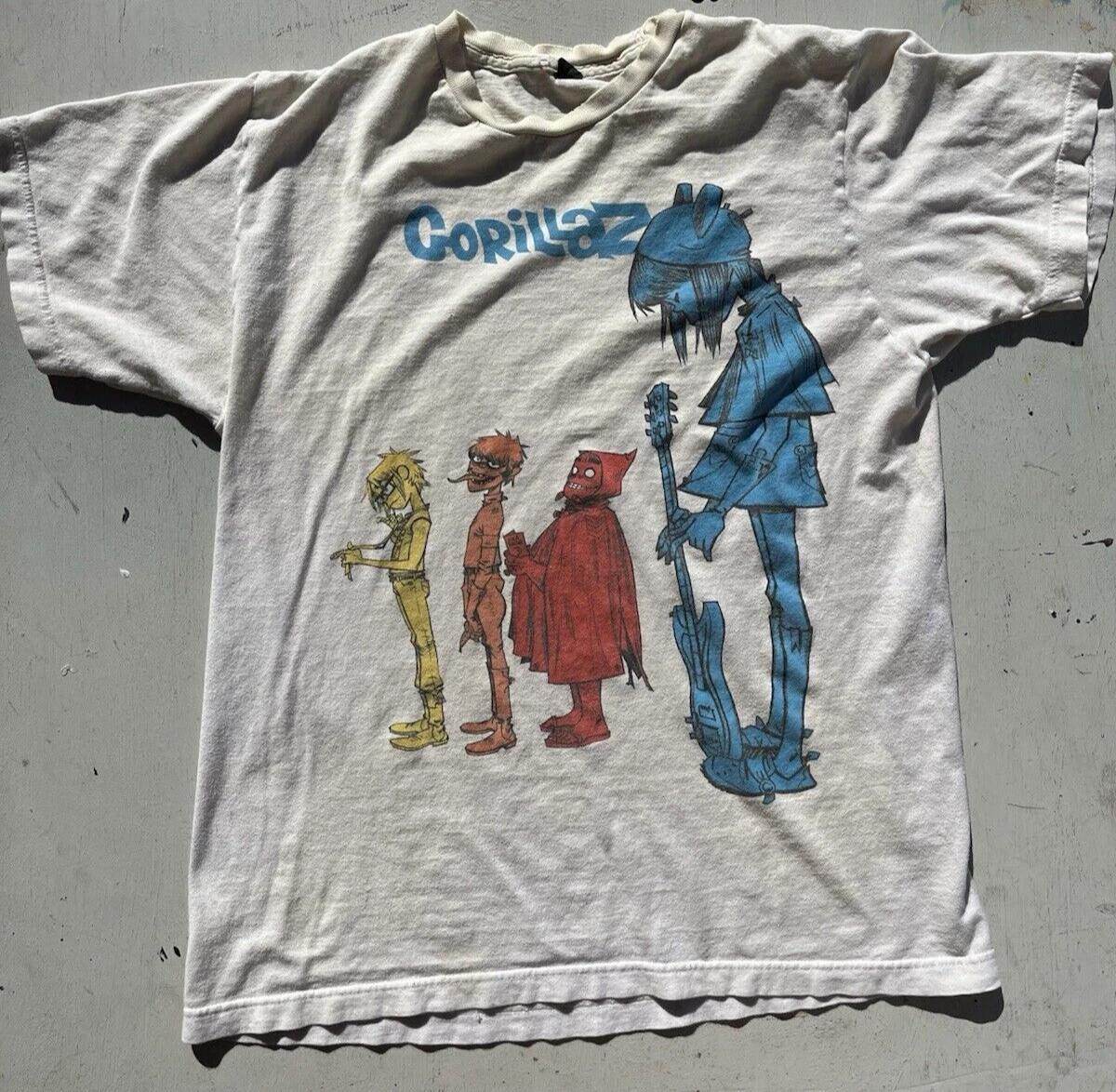 Мужская футболка Gorillaz Бежевая Синяя Девушка Гитара БЕЗ РАЗМЕРА Потертая Y2K Редкая Рэп Великобритания XL