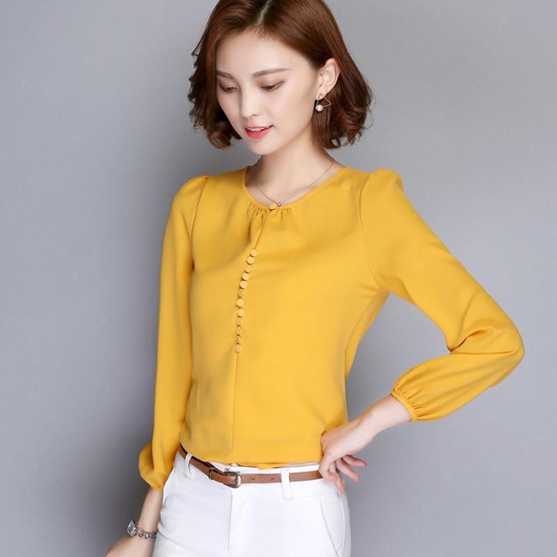 Elegant Summer Female Shirt Long Sleeve Blouse Button Women Office Chiffon Ruffle Tops For Stylish Comfort