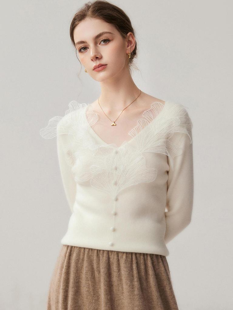Autumn 2026 Women's Lace V-neck Cashmere Sweater - Elegant Slimming Knitwear