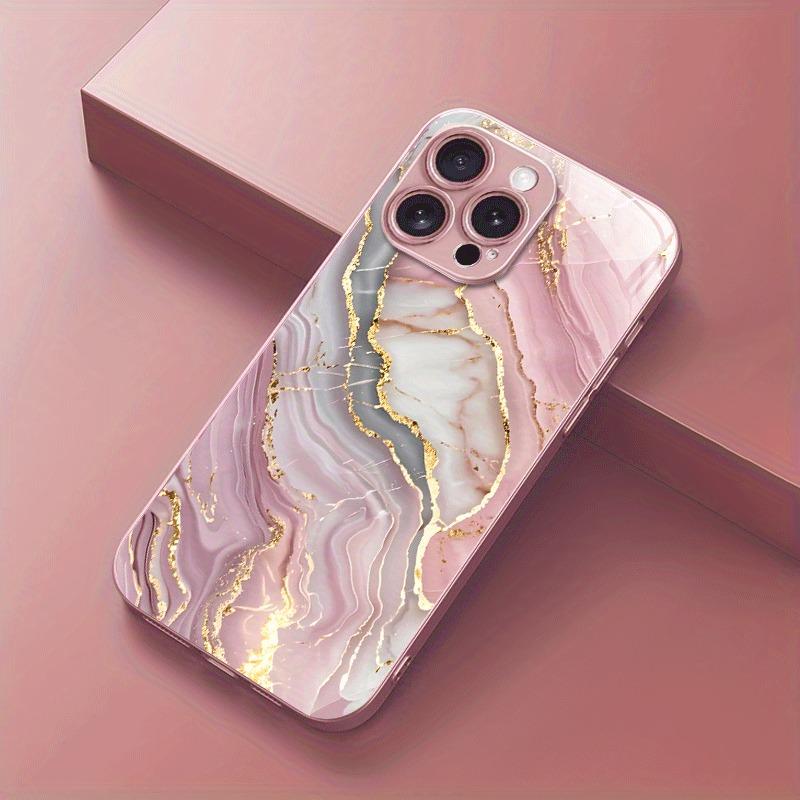 Advanced Marble Pattern Pink Metallic Paint Glass Hard Phone Case For iPhone 17 16 Pro Max 15 14 Plus 13 12 11 16E 17Air Cover