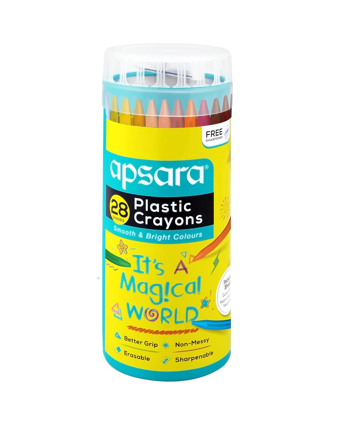 

Apsara Plastic Crayons 28 Shades Set for Kids Drawing & Coloring with Sharpener, Smooth Bright Non-Messy 140g Pack of 1
