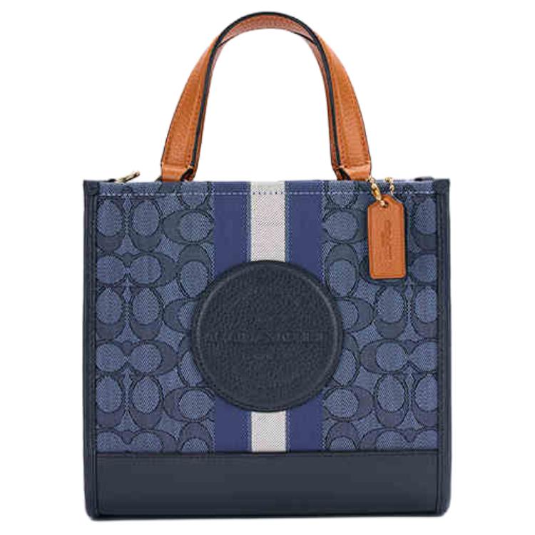 

Coach Dempsey 22 Monogram Stripe Logo Accent Fabric And Leather Tote Bag Women Tote Bags Denim-Blue Hazelnut CQ878-IMXCY Basic Set (Bag+Dust Bag)
