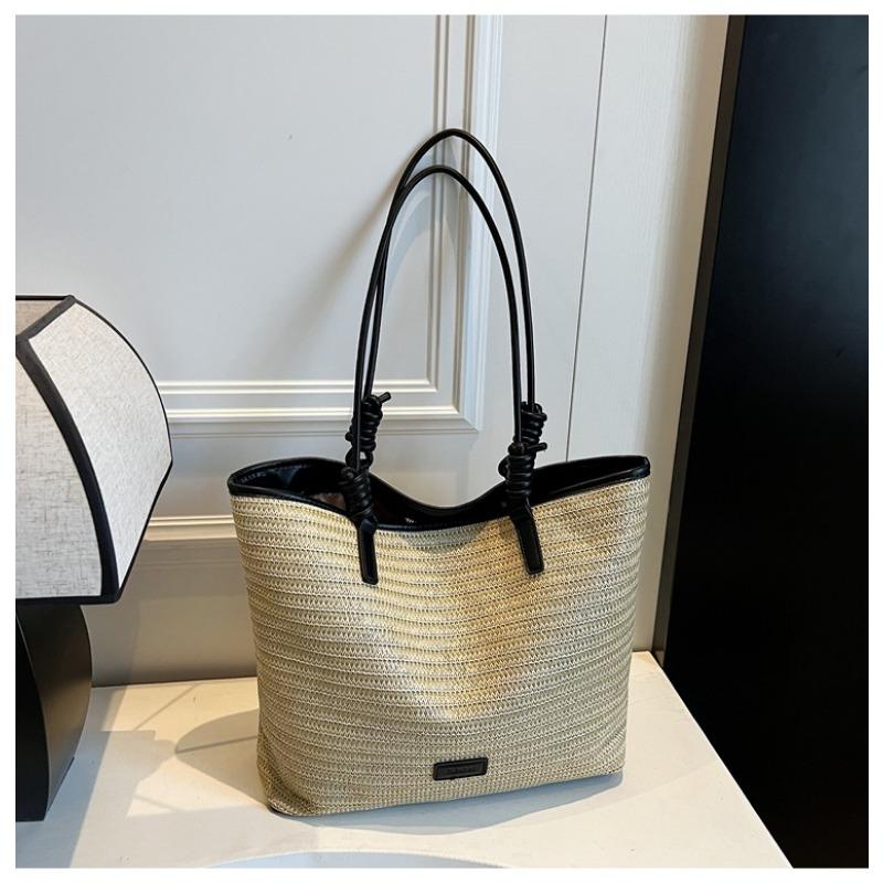 

Summer simple and versatile beach bag casual shoulder bag premium texture straw woven tote bag чёрный