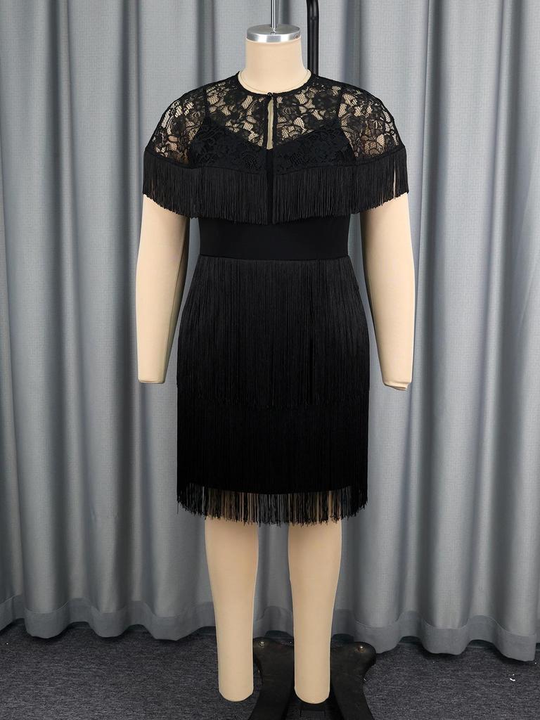 Elegant Plus Size Women's Black Tassel Lace Cape Dress