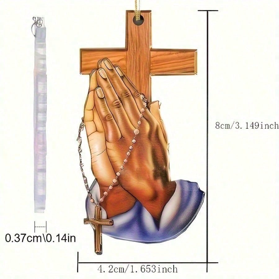 1-Piece 2D Flat Crystal Prayer Hand&Cross Car Hanging Decoration with Chain, Delicate Talisman for Rearview Mirror&Keychain Gift