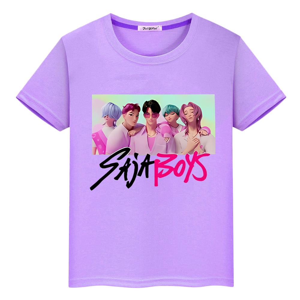 t shirt for kids boy 10year Kawaii Saja Boys Print 100%Cotton Tees anime Short kpop demon hunters Cute Tops girls clothes y2k