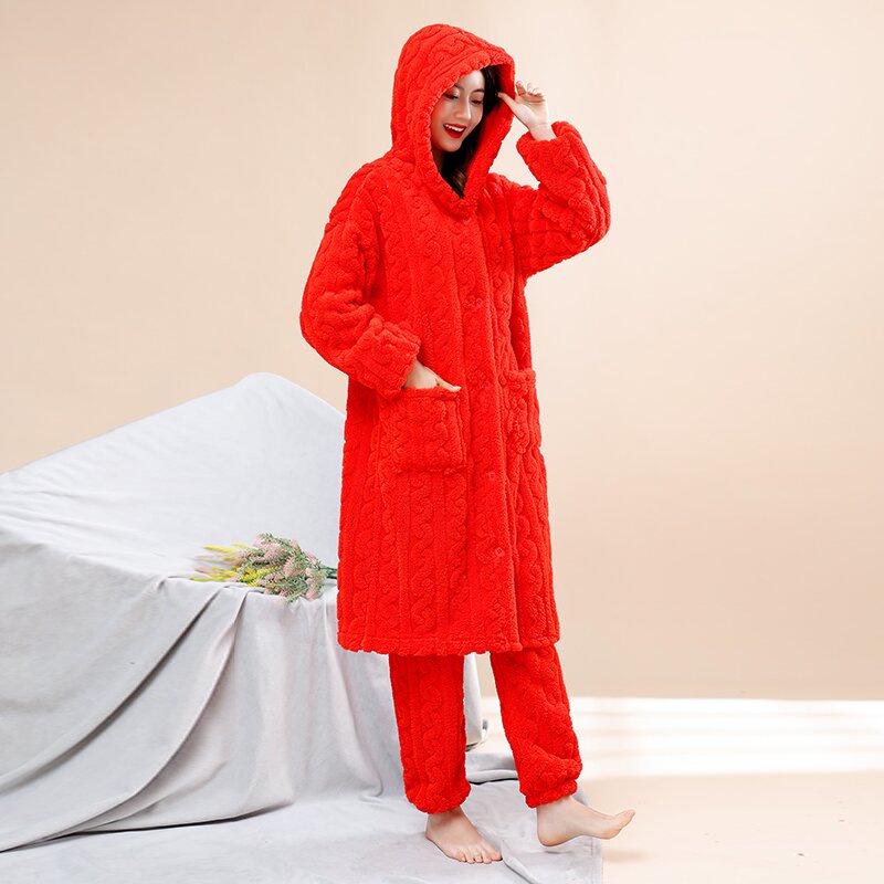 Dámský žakárový pyžamový set a dlouhý župan na zimu 2024 - Všestranné sametové oblečení na doma/ven