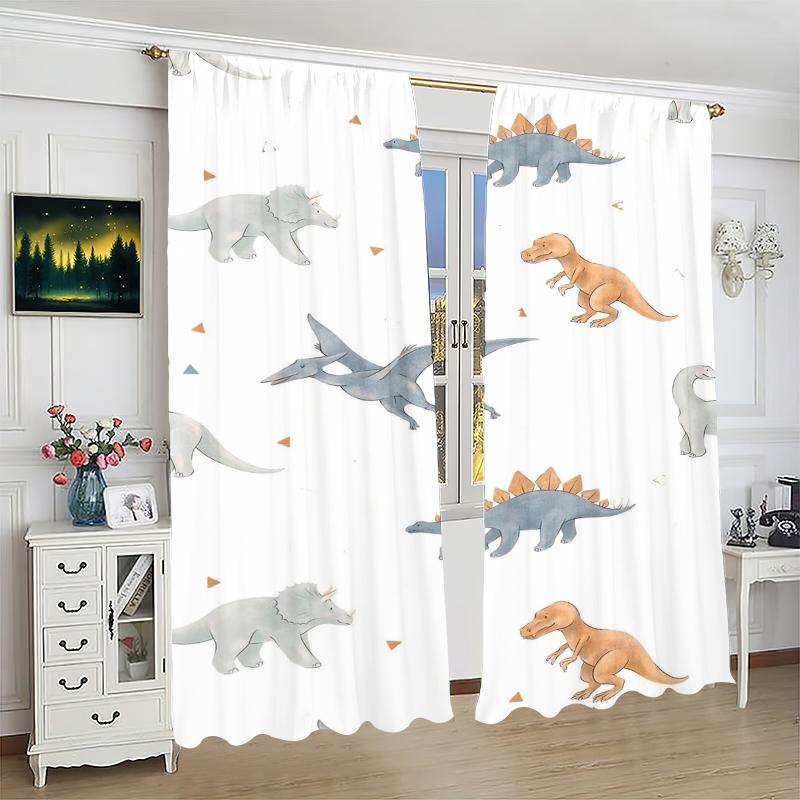 White Children's Cartoon Dinosaur Print Curtains -100% Polyester -2 Sheets for Bedroom Curtains and Living Room Decor.