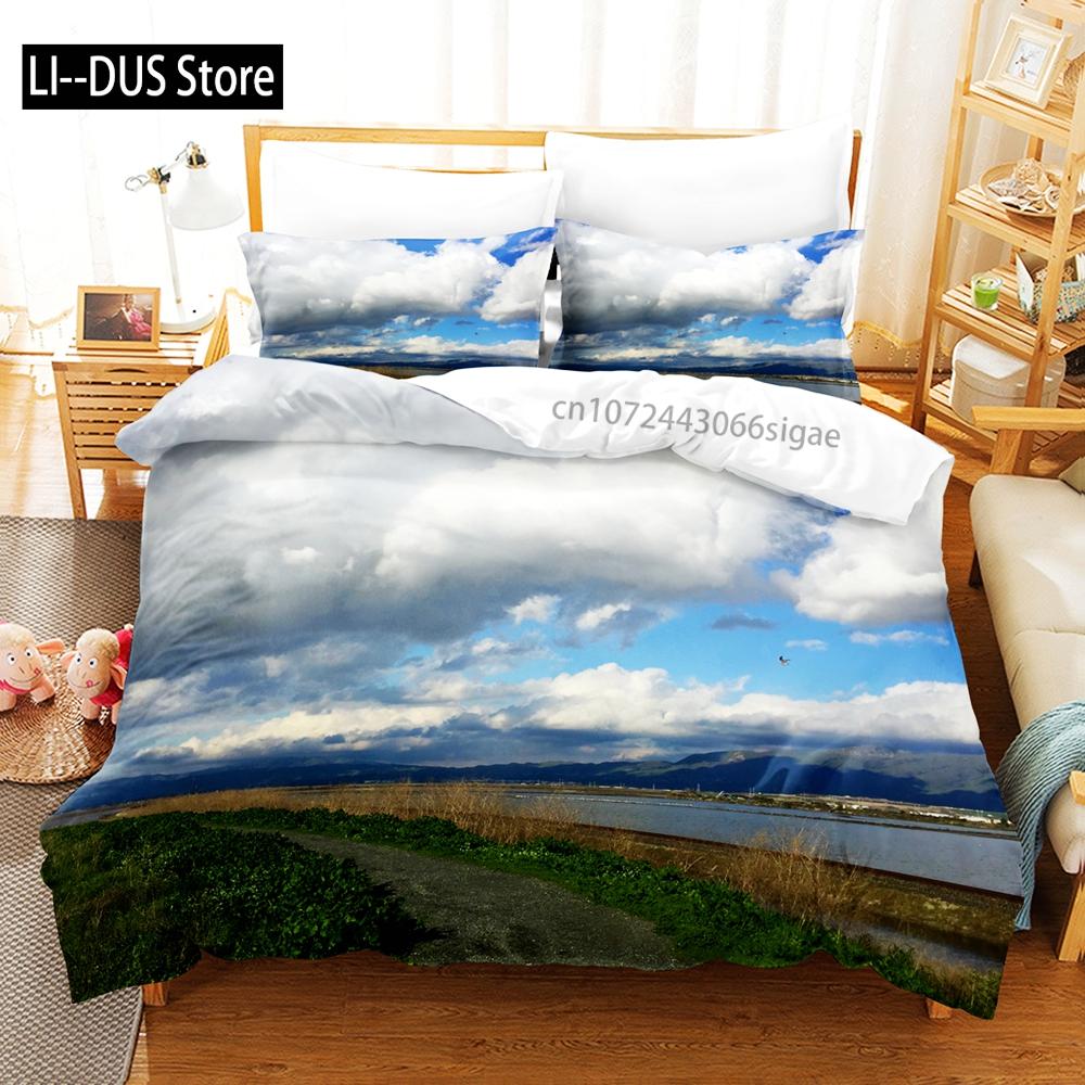 Sky With White Clouds Bedding Set Single Twin Full Queen King Size Bed Set Aldult Kid Bedroom Duvetcover Sets 3D Anime 030