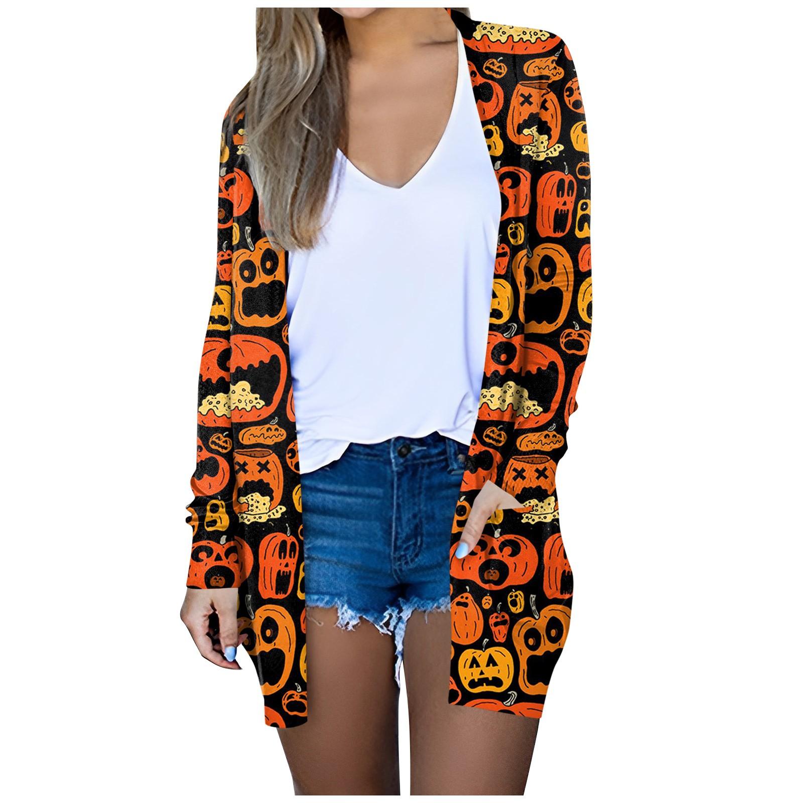 

Жіноча модна повсякденна куртка з довгим рукавом і міді з принтом на Хеллоуїн XL помаранчевий
