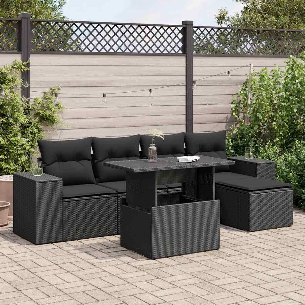 Vidaxl 6-Cz. Garden Furniture Set With Cushions, Black Poly Rattan