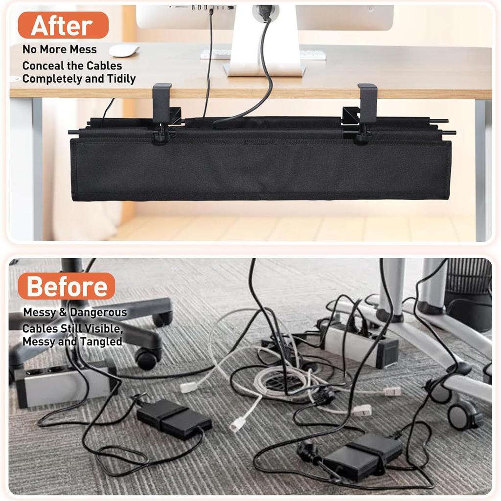 Under Desk Cable Management Box Hidden Cord Organizer with Strong C Clamp for Office Home Black Fabric