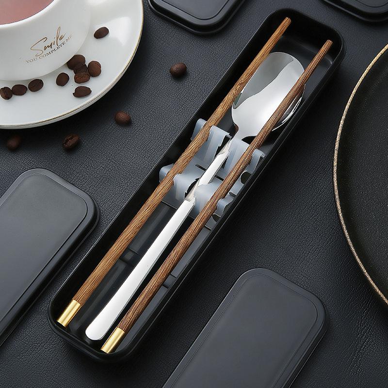 Chopsticks spoon set, one chopstick per person, portable tableware, student storage box, fork, single wooden chopsticks three-piece set