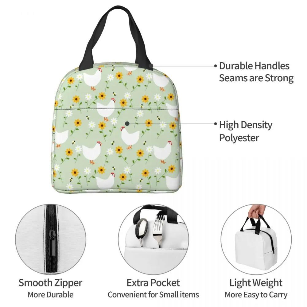White Chickens And Floral Pattern Insulated Lunch Bag for Women Kids Leakproof Food Boxes Thermal Lunch Box Tote