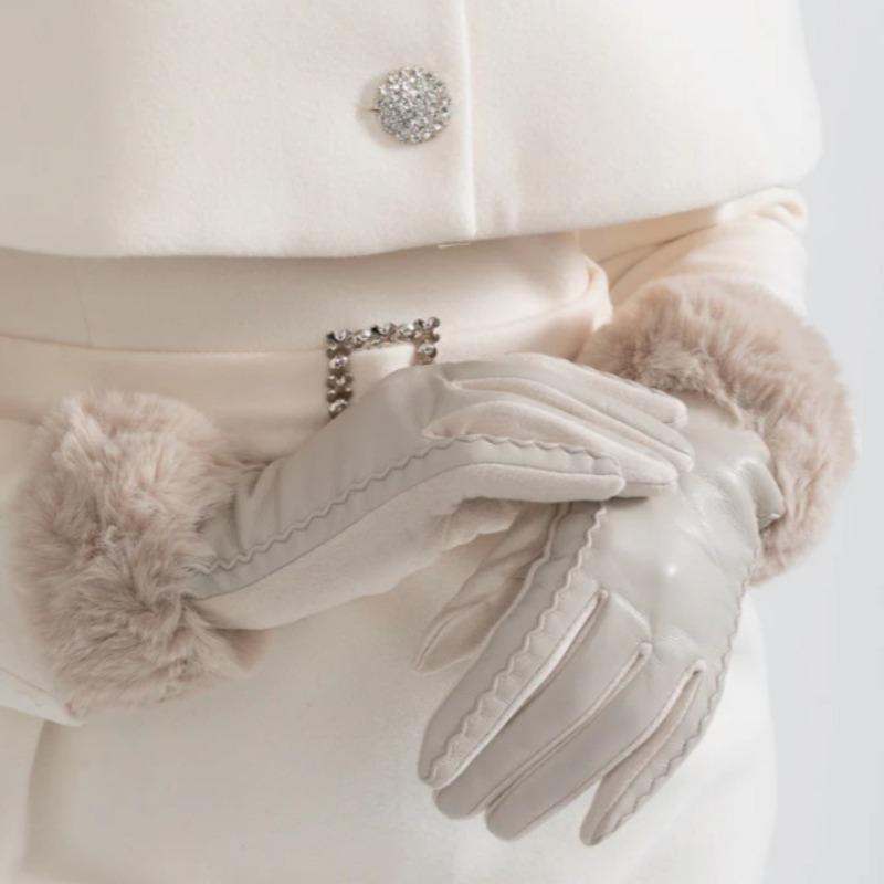 PU Leather and Suede Gloves for Women Winter Fleece-lined Thickened Fashionable Warm Gloves for Cycling