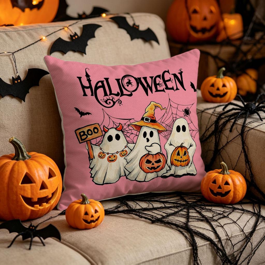 Halloween Decorative Pillow Cover Linen Material Indoor Sofa Cushion Case with Ghost Pumpkin Skeleton Balloons Design for Seasonal Home Decor