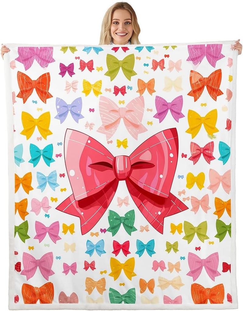 Blue Bow Pattern Blanket Soft Fleece Throw Elegant Home Decor Gift for Women Girls Bedroom Bedding Cover