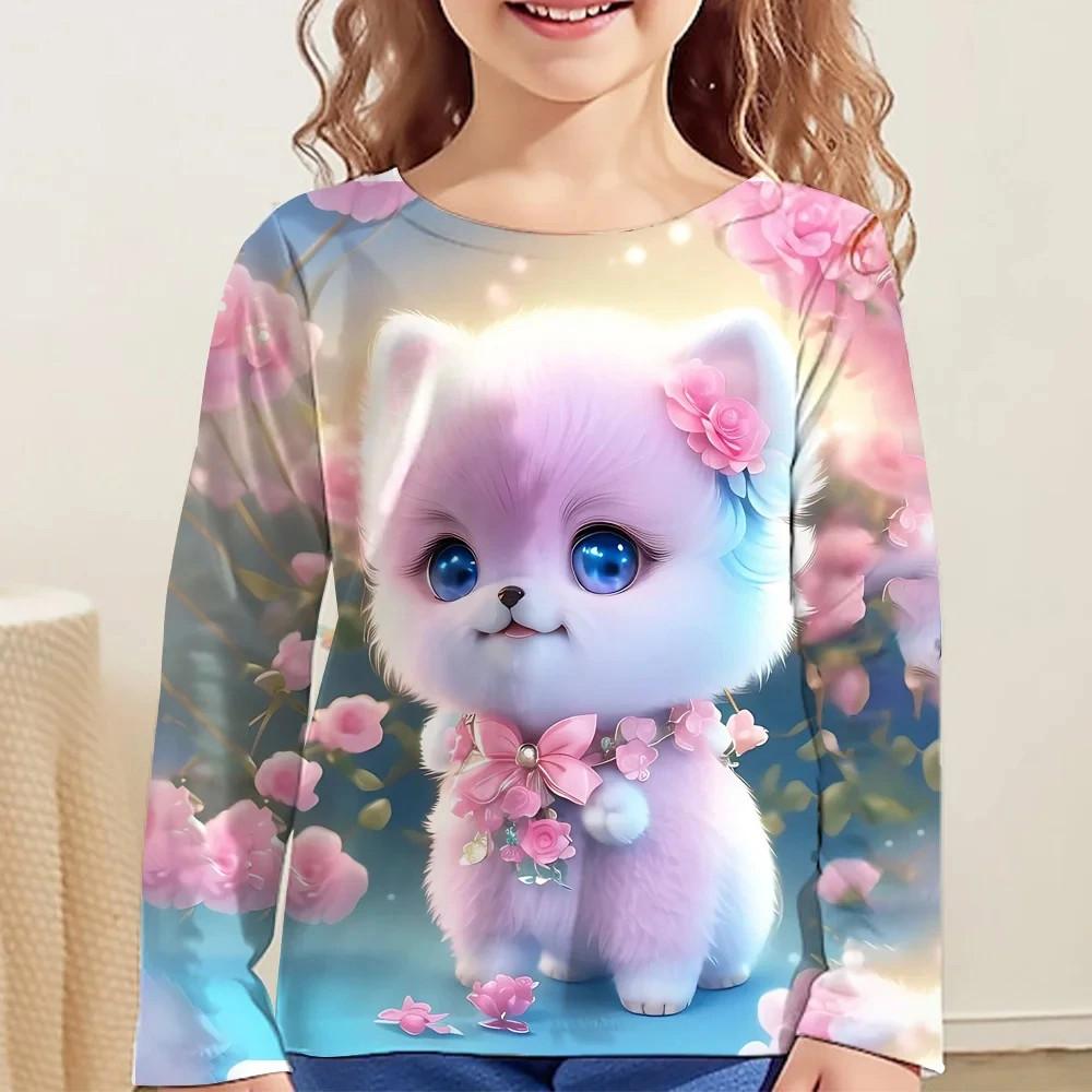 Dětské tričko Kawaii Trička s celými rukávy pro dívku Tygří kočka Roztomilá trička Oblečení 2023 Outdoorové oblečení Podzimní Kid Top O-Neck