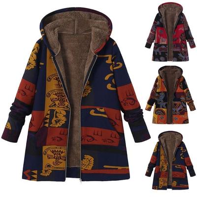 Hooded Plush Cotton Jacket Vintage Printed Color Splicing Plus Size Jacket Women Long Sleeved Zipper Coat Loose Casual Warm Comfortable Autumn Winter