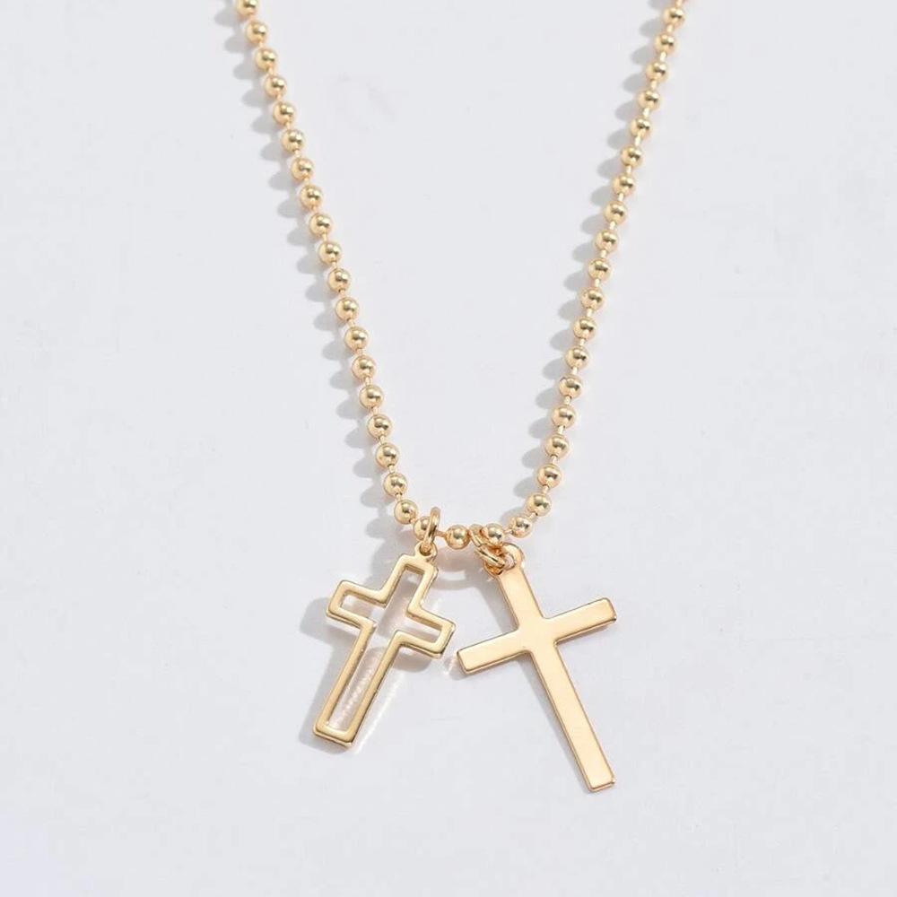Stainless Steel Double Cross Pendants Necklace for Women Men Minimalist Gold Color Beaded Chain Choker Zircon Gift