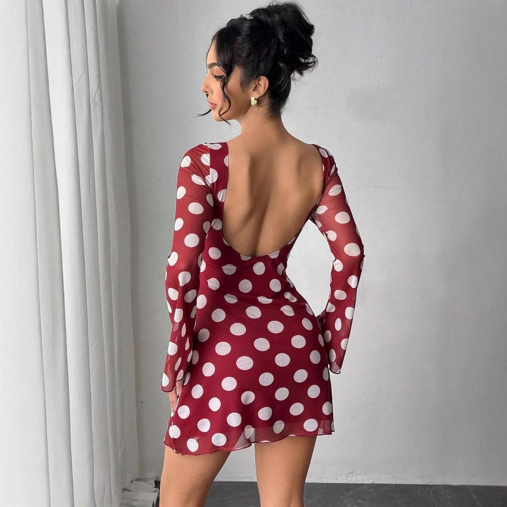 Women Evening Party Flare Sleeve O Neck Backless Mesh  Dot Printed Package Hip One Piece Dress